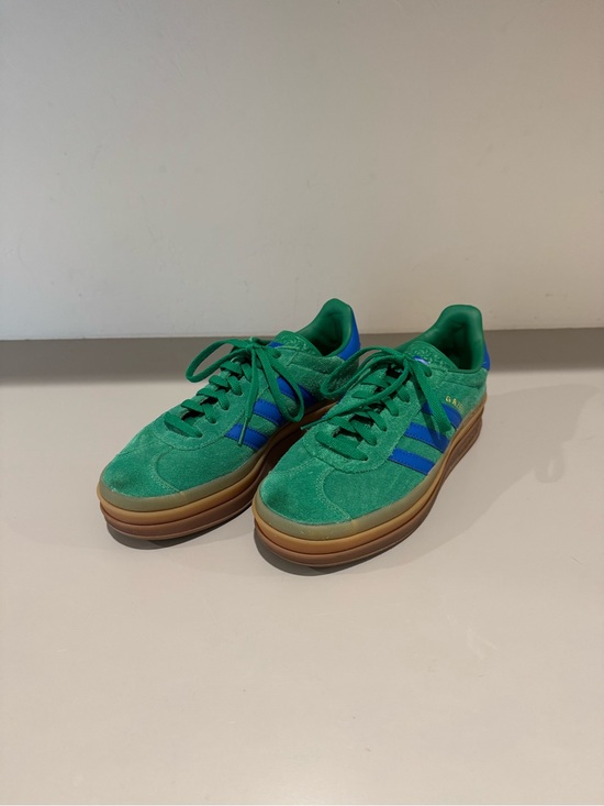 adidas Shoes - Adidas Gazelles Green Suede Women’s platform Sneakers with Blue Stripes